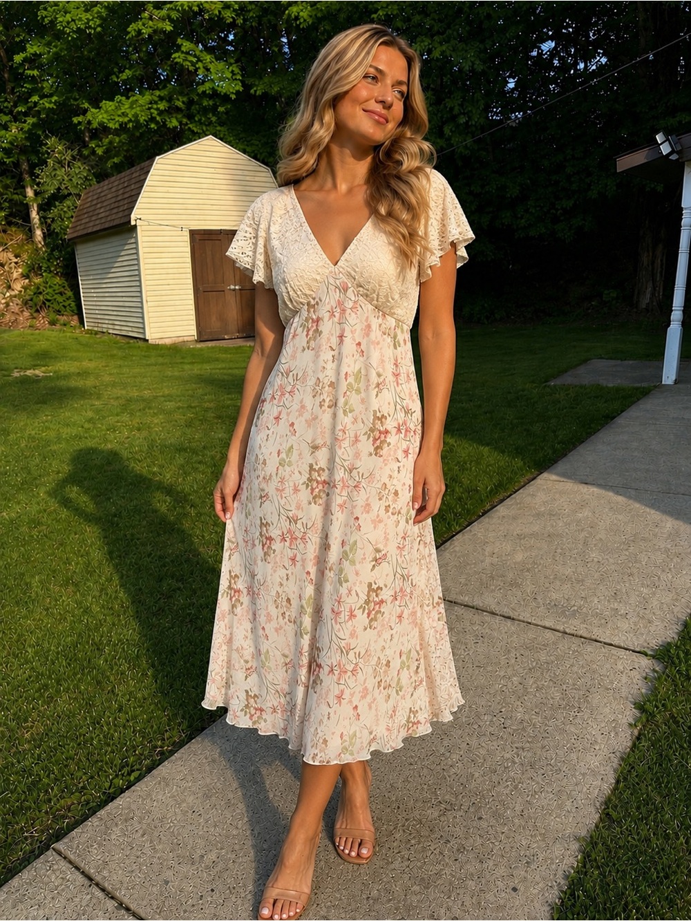 Cream Floral Midi Dress with Lace Bodice